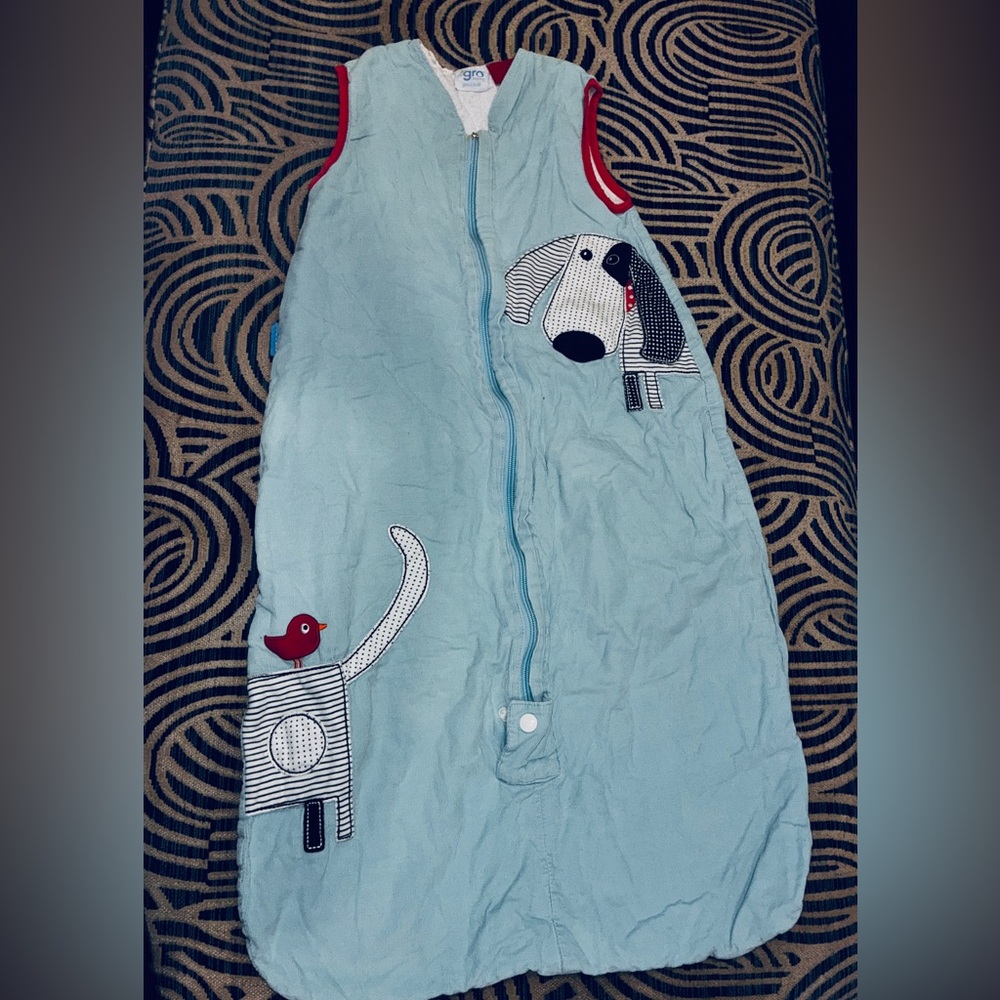 Blue Baby Sleeping Bag with Dog and Bird Design